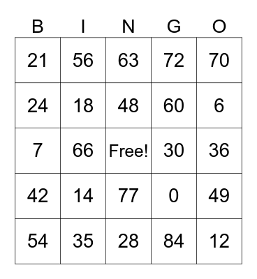 Multiplication BINGO Card