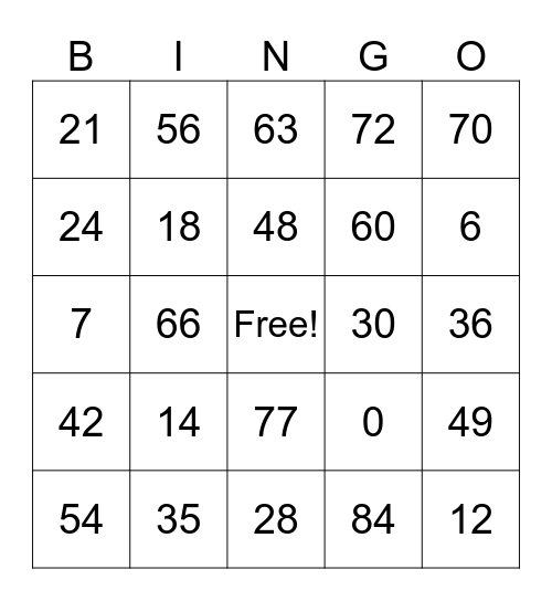 Multiplication BINGO Card