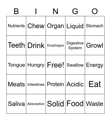 Digestive System Bingo Card