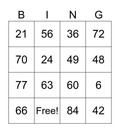 Multiplication BINGO Card