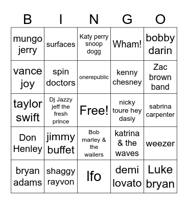 Bingo Summer songs 1 Bingo Card
