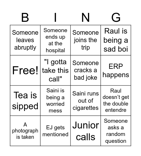 Raul's and Saini's Nature Getaway Bingo Card