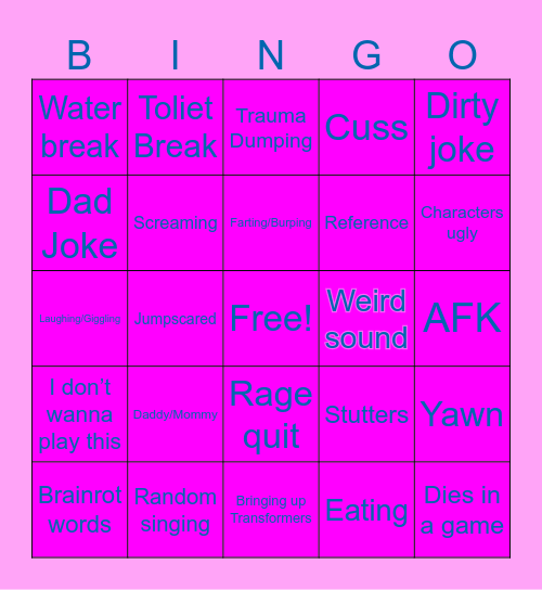Roblox Game Bingo Card