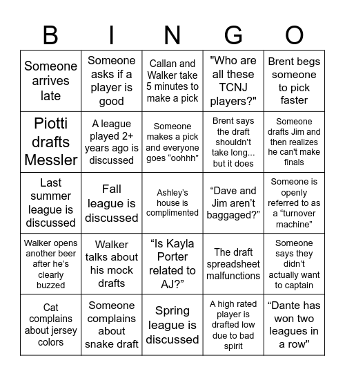 SJ Draft Night Bingo Card