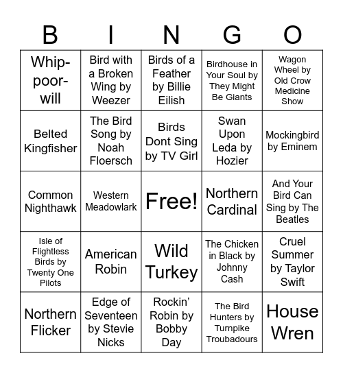 Nature Music Bingo - Birdy Bingo Card