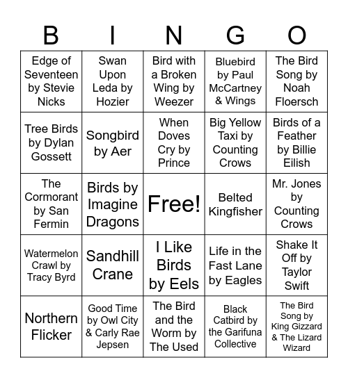 Nature Music Bingo - Birdy Bingo Card
