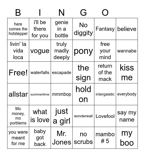 1990s Summer Hits Bingo Card