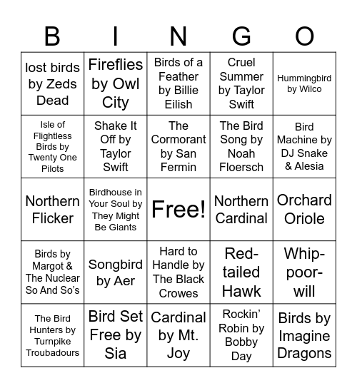 Nature Music Bingo - Birdy Bingo Card