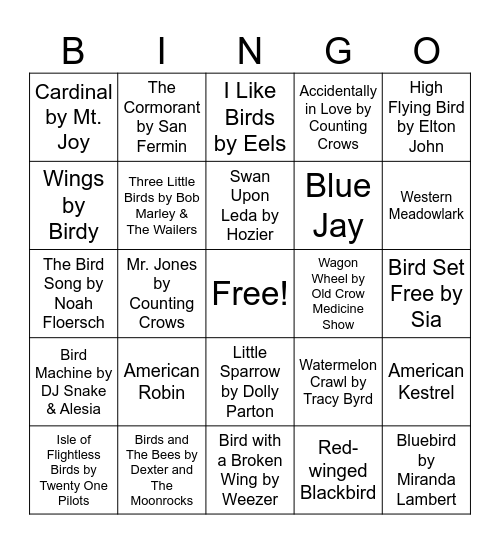 Nature Music Bingo - Birdy Bingo Card