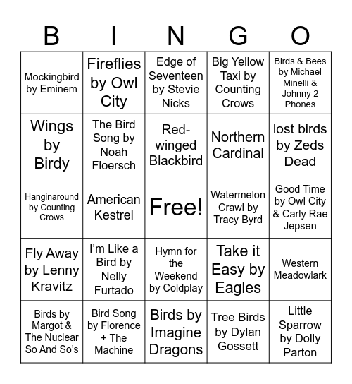 Nature Music Bingo - Birdy Bingo Card