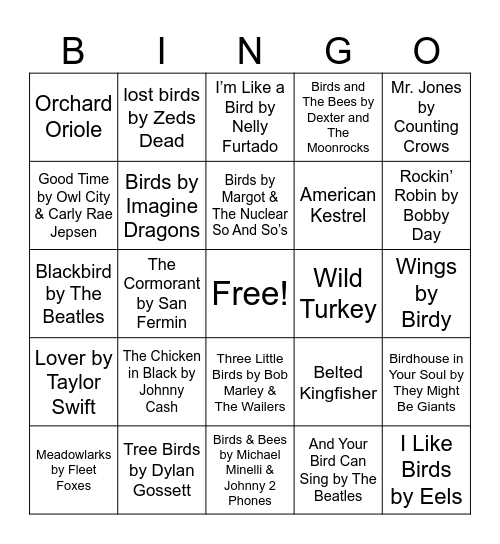 Nature Music Bingo - Birdy Bingo Card