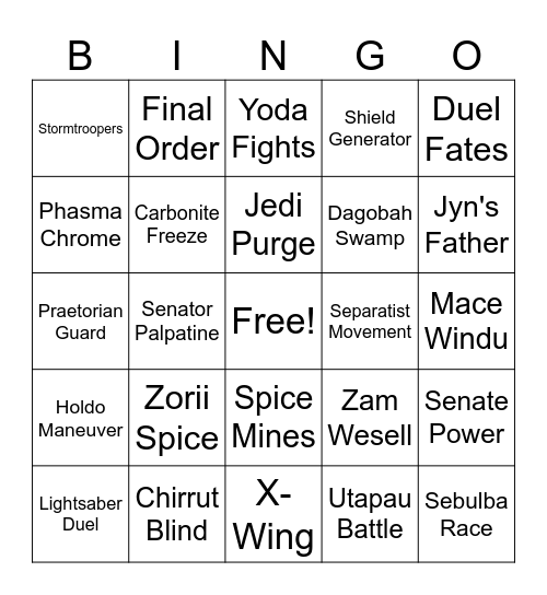 Star Wars Bingo Card