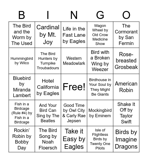 Nature Music Bingo - Birdy Bingo Card