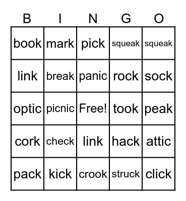 /ck/      /k/     odd Bingo Card