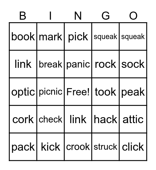 /ck/      /k/     odd Bingo Card