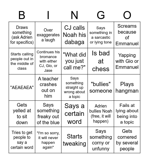 Noah Bingo Card