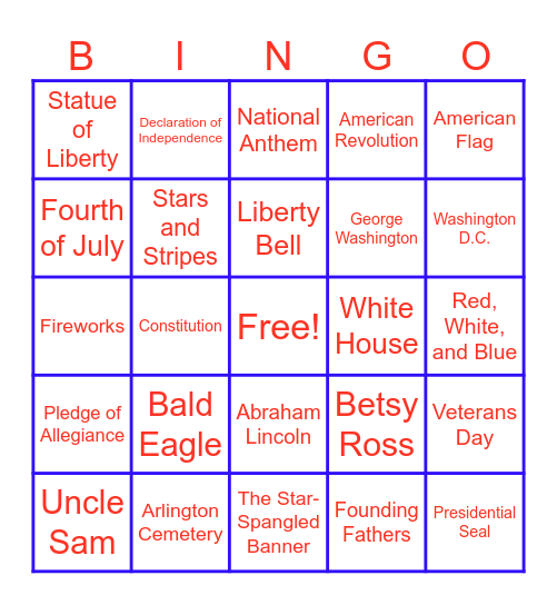 Independence Bingo Card
