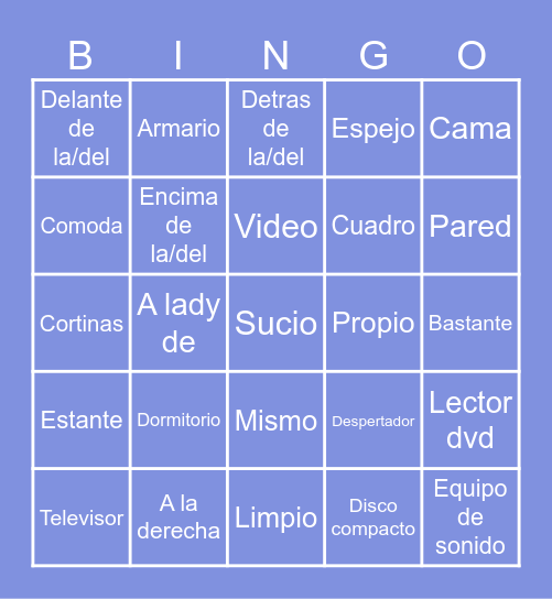 Spanish vocab Bingo Card