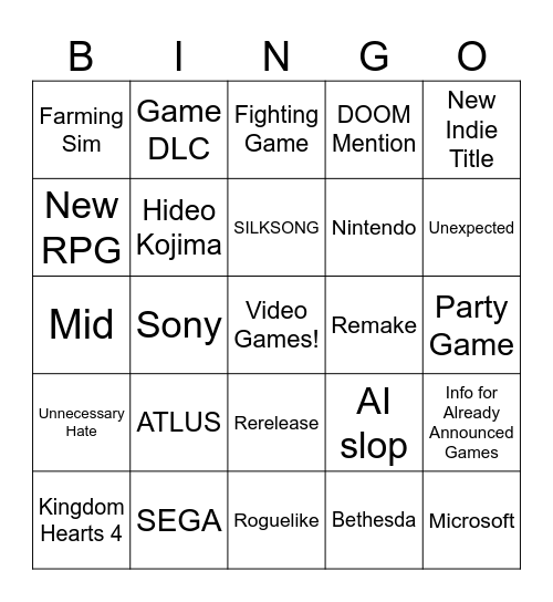 Summer Games Fest 2025 Bingo Card