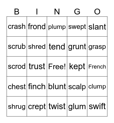Closed Syllable Words with Blends + Digraphs Bingo Card
