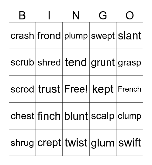 Closed Syllable Words with Blends + Digraphs Bingo Card