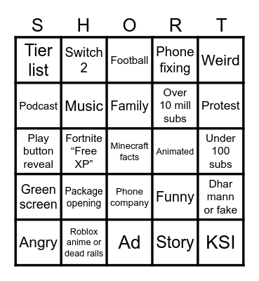 Yt shorts bingo Card