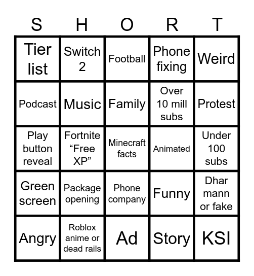 Yt shorts bingo Card