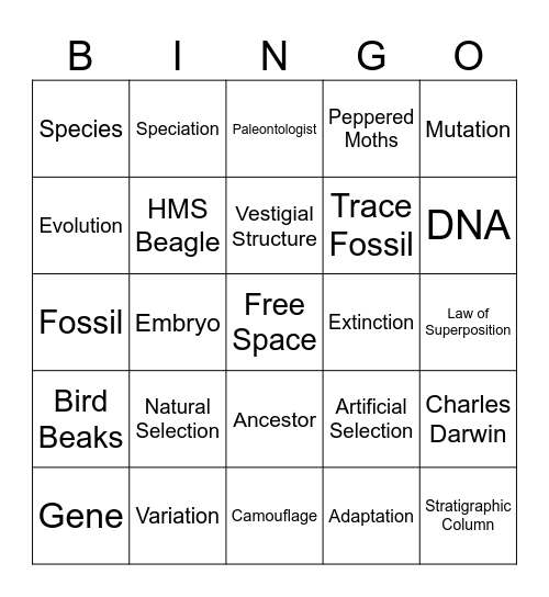 Natural Selection Bingo Card