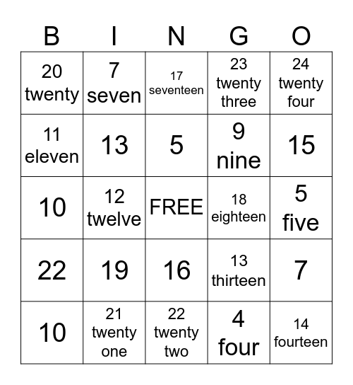 Numbers 1-20 Bingo Card