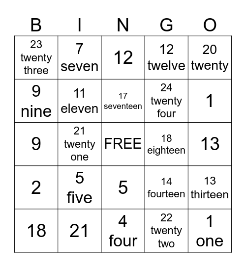 Numbers 1-20 Bingo Card