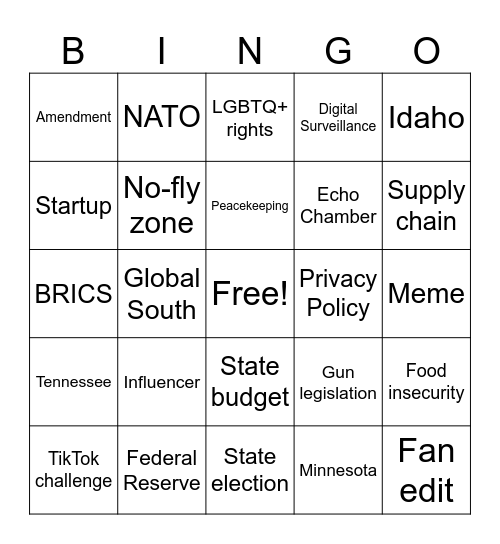 Current Events Bingo Card