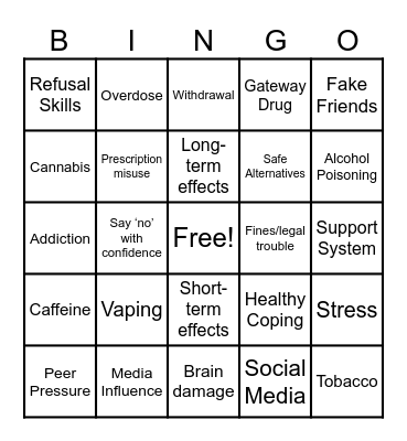 Substance Misuse Vocabulary Bingo Card