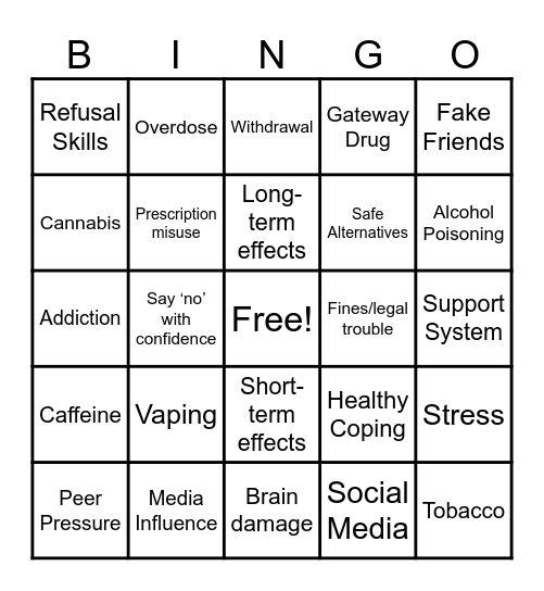 Substance Misuse Vocabulary Bingo Card