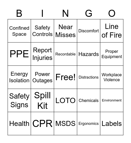 Safety Bingo Card