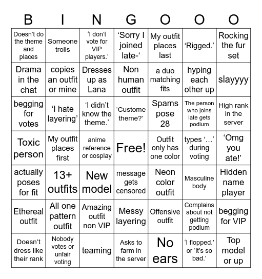 Dress to Impress Bingo Card