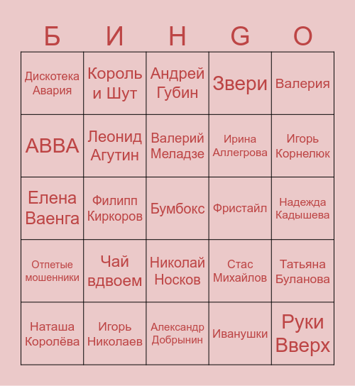 Музыкальное БинGO Bingo Card
