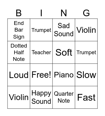 Musical Bingo Card
