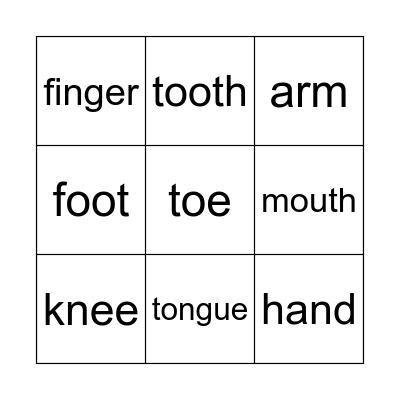 body parts Bingo Card