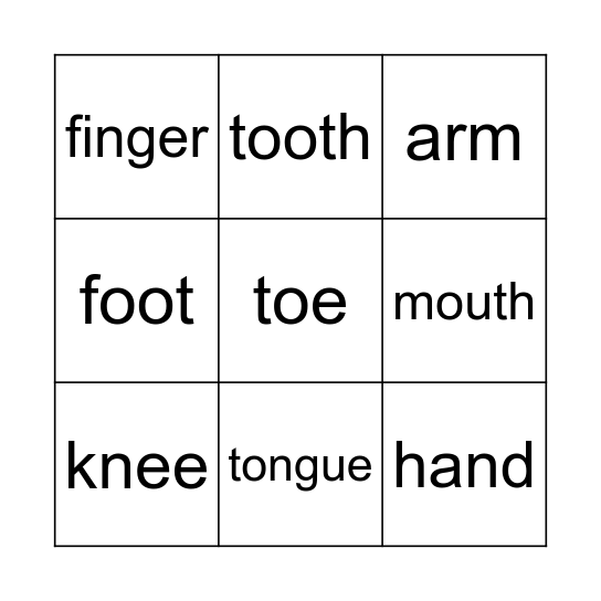 body parts Bingo Card