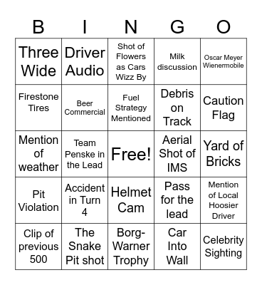 INDY 500 Bingo Card