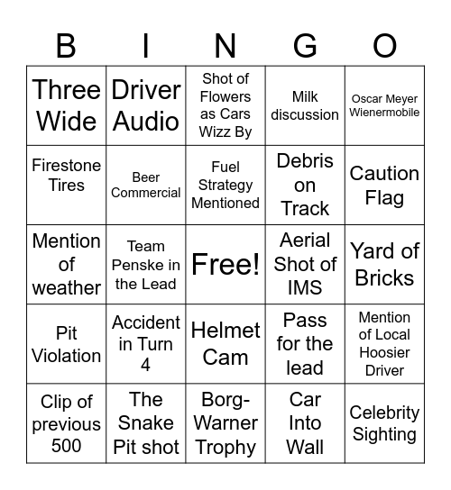 INDY 500 Bingo Card
