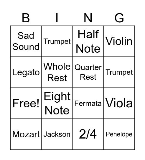 Musical Bingo Card