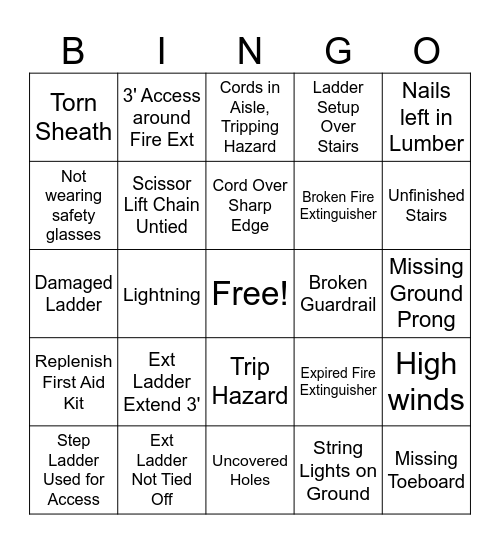 Hazard Recognition Bingo Card