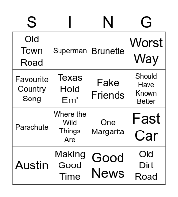 New Country SINGO Bingo Card