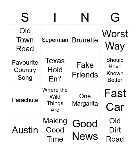 New Country SINGO Bingo Card