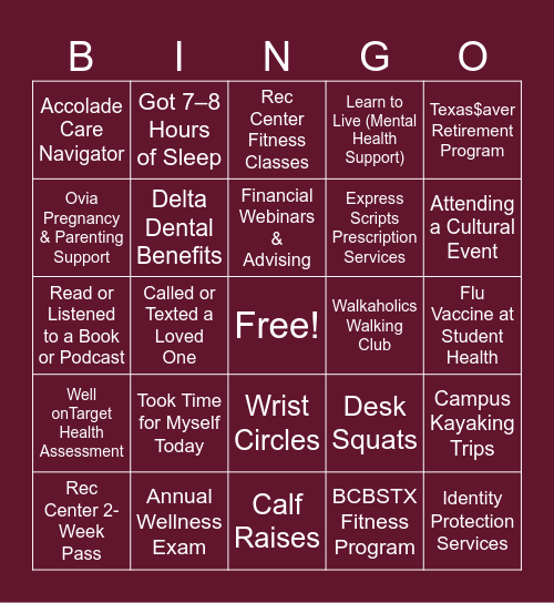 HealthyU Bingo Card