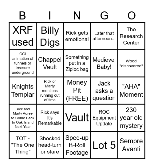 S12 E25 Curse of Oak Island 5.20.25 Bingo Card