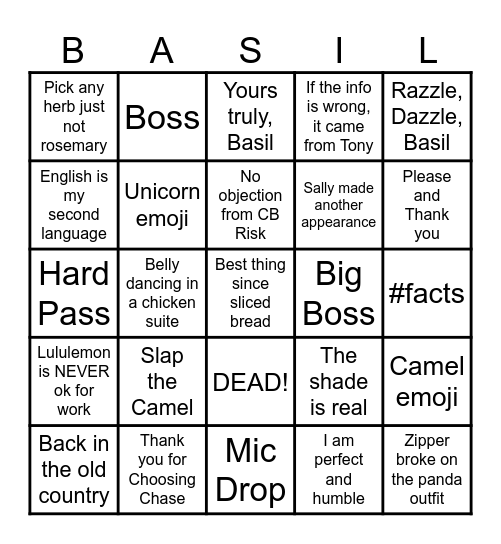 Basil Bingo Card