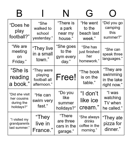 “Grammar Bingo” Bingo Card
