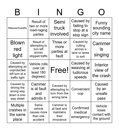 Car Crash Bingo Card